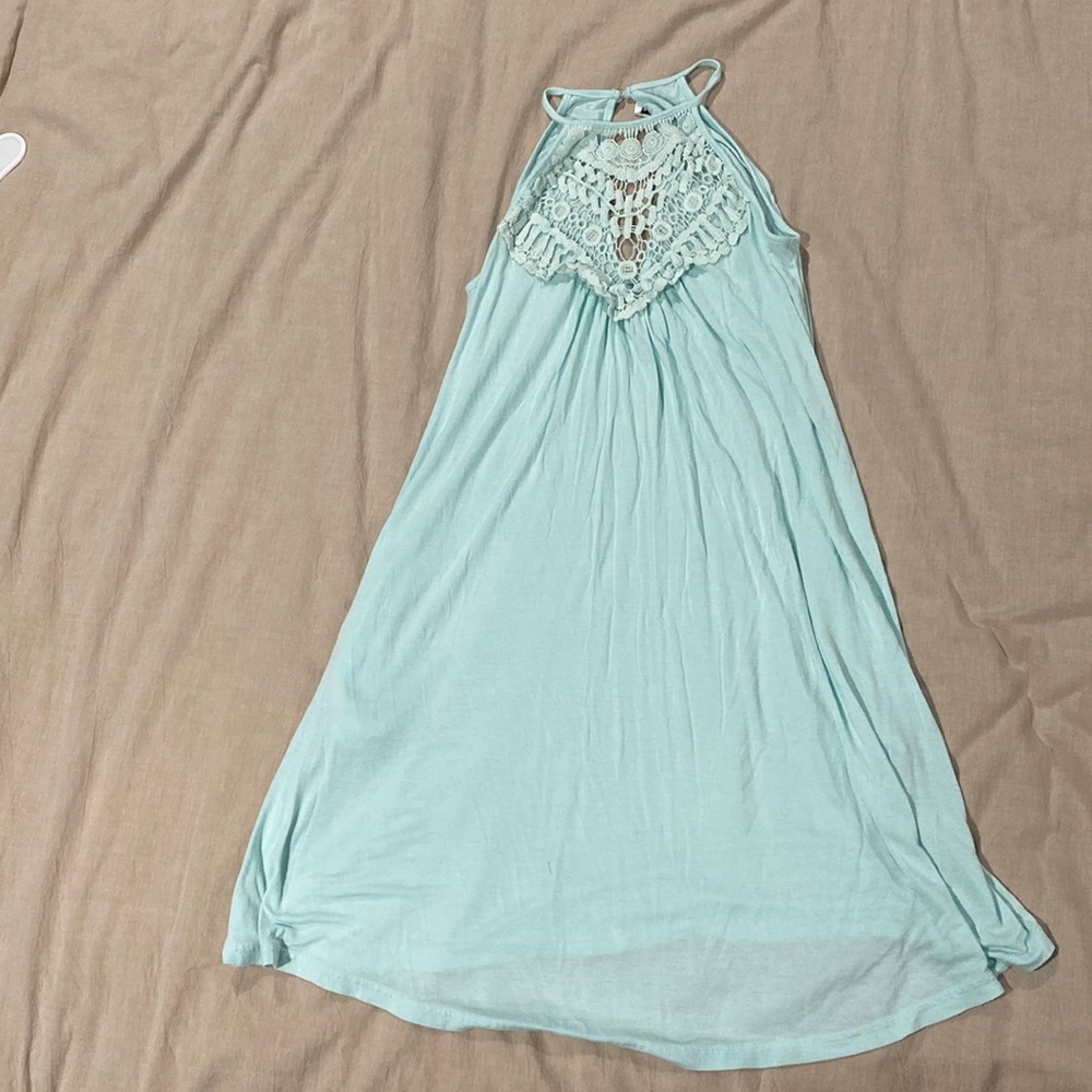 Halter dress with crochet neckline.